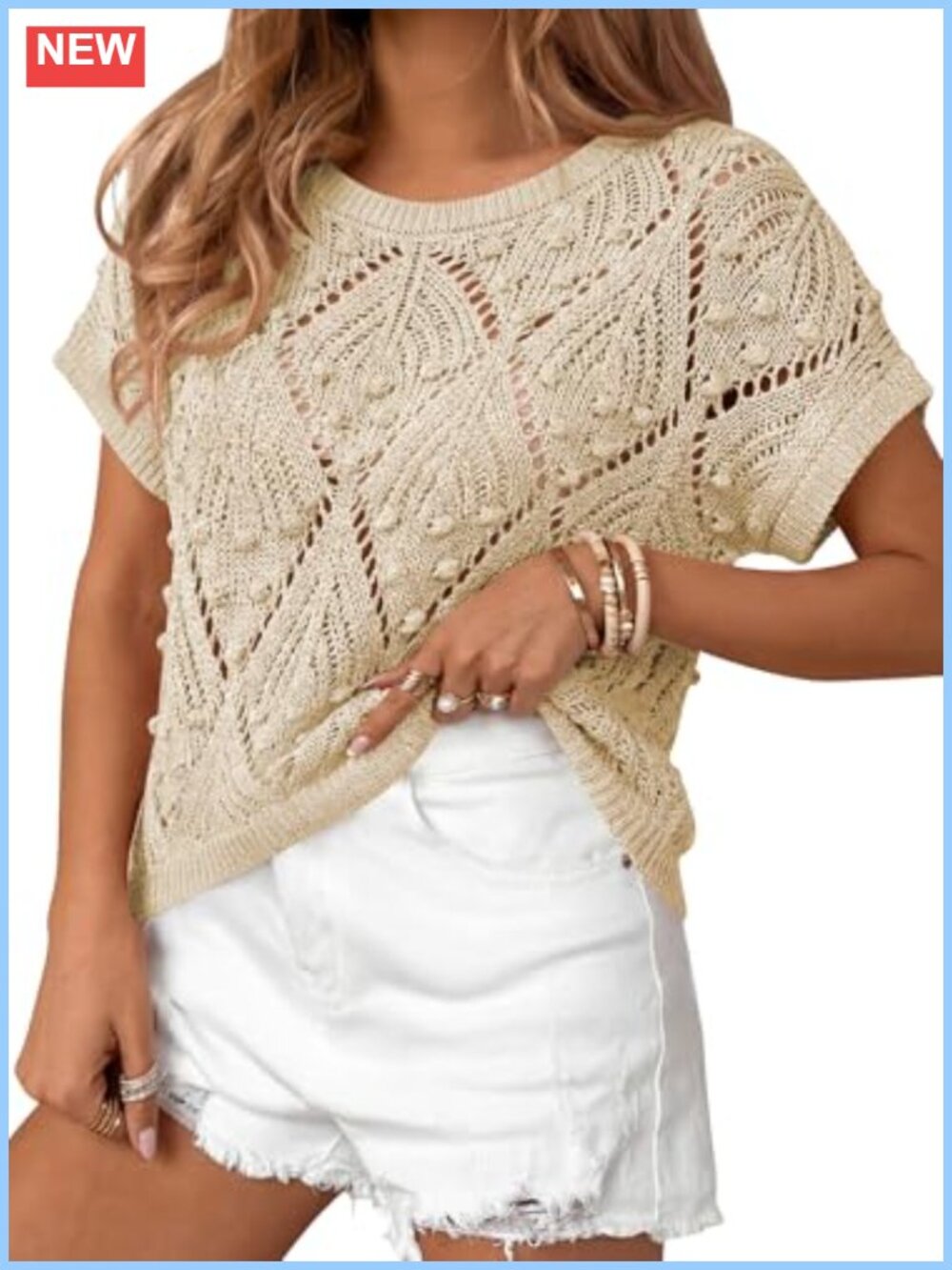 Crochet Short Sleeve Sweater Boho Summer Top 3D Popcorn Knit